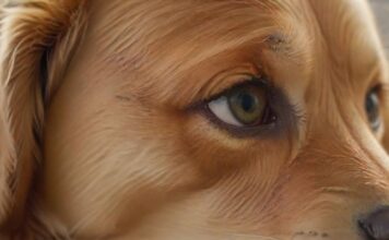 Hyperrealistic, close-up of a golden retriever's face, showing a slightly tearful eye. Focus on the detail of the eye, with visible moisture and detailed fur. Soft, natural lighting, shallow depth of field. No text. Artifact-free. Anatomically correct, flawless rendering.