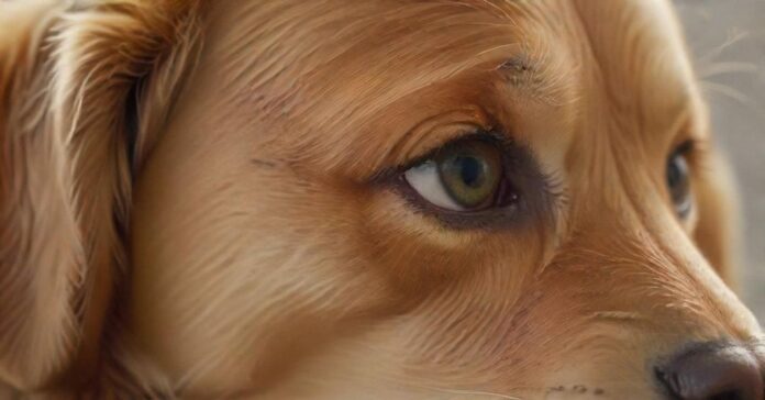 Hyperrealistic, close-up of a golden retriever's face, showing a slightly tearful eye. Focus on the detail of the eye, with visible moisture and detailed fur. Soft, natural lighting, shallow depth of field. No text. Artifact-free. Anatomically correct, flawless rendering.