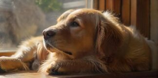 Hyperrealistic photograph: A solitary, pensive Golden Retriever rests its head on a wooden windowsill, gazing out at a softly blurred suburban street. Warm, late afternoon sun streams through the clean glass, highlighting individual strands of fur and dust motes in the air. Evokes quiet loneliness and longing. Flawless, artifact-free. Absolutely no text, letters, or words.