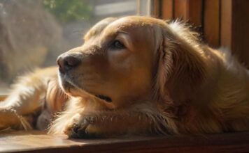 Hyperrealistic photograph: A solitary, pensive Golden Retriever rests its head on a wooden windowsill, gazing out at a softly blurred suburban street. Warm, late afternoon sun streams through the clean glass, highlighting individual strands of fur and dust motes in the air. Evokes quiet loneliness and longing. Flawless, artifact-free. Absolutely no text, letters, or words.