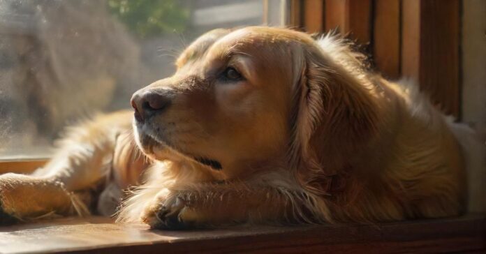 Hyperrealistic photograph: A solitary, pensive Golden Retriever rests its head on a wooden windowsill, gazing out at a softly blurred suburban street. Warm, late afternoon sun streams through the clean glass, highlighting individual strands of fur and dust motes in the air. Evokes quiet loneliness and longing. Flawless, artifact-free. Absolutely no text, letters, or words.