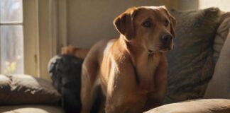 Hyperrealistic photograph: A medium-sized, anxious-looking Labrador mix stands alone in a sunlit living room, gazing intently at the front door. Soft, natural light from a window creates deep shadows. A single cushion is slightly askew on the sofa. Incredibly detailed fur, expressive worried eyes, perfect anatomy. No text, no letters, artifact-free.