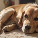Hyperrealistic photograph: A contented Golden Retriever lies on a plush rug in a sunlit living room, peacefully focused on a sturdy Kong toy. Warm natural light highlights detailed fur texture and soft shadows. Shallow depth of field blurs the cozy background. Absolutely no text or letters. Photorealistic, artifact-free, cinematic quality.