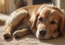 Hyperrealistic photograph: A contented Golden Retriever lies on a plush rug in a sunlit living room, peacefully focused on a sturdy Kong toy. Warm natural light highlights detailed fur texture and soft shadows. Shallow depth of field blurs the cozy background. Absolutely no text or letters. Photorealistic, artifact-free, cinematic quality.