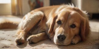 Hyperrealistic photograph: A contented Golden Retriever lies on a plush rug in a sunlit living room, peacefully focused on a sturdy Kong toy. Warm natural light highlights detailed fur texture and soft shadows. Shallow depth of field blurs the cozy background. Absolutely no text or letters. Photorealistic, artifact-free, cinematic quality.