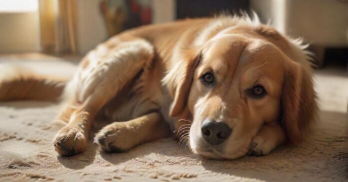 Hyperrealistic photograph: A contented Golden Retriever lies on a plush rug in a sunlit living room, peacefully focused on a sturdy Kong toy. Warm natural light highlights detailed fur texture and soft shadows. Shallow depth of field blurs the cozy background. Absolutely no text or letters. Photorealistic, artifact-free, cinematic quality.
