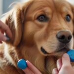 Hyperrealistic close-up photo capturing a focused Golden Retriever attentively looking at a human hand holding a blue clicker device mid-click. Tiny, high-value treat visible nearby. Soft, natural morning light illuminates detailed fur texture and the dog's intelligent eyes. Shallow depth of field blurs the calm indoor background. Flawless anatomy, no distortions. Ensure absolutely no text, letters, or writing appears anywhere in the image. Crisp, clean visuals only.