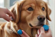 Hyperrealistic close-up photo capturing a focused Golden Retriever attentively looking at a human hand holding a blue clicker device mid-click. Tiny, high-value treat visible nearby. Soft, natural morning light illuminates detailed fur texture and the dog's intelligent eyes. Shallow depth of field blurs the calm indoor background. Flawless anatomy, no distortions. Ensure absolutely no text, letters, or writing appears anywhere in the image. Crisp, clean visuals only.