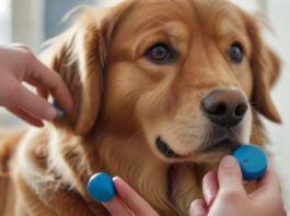 Hyperrealistic close-up photo capturing a focused Golden Retriever attentively looking at a human hand holding a blue clicker device mid-click. Tiny, high-value treat visible nearby. Soft, natural morning light illuminates detailed fur texture and the dog's intelligent eyes. Shallow depth of field blurs the calm indoor background. Flawless anatomy, no distortions. Ensure absolutely no text, letters, or writing appears anywhere in the image. Crisp, clean visuals only.