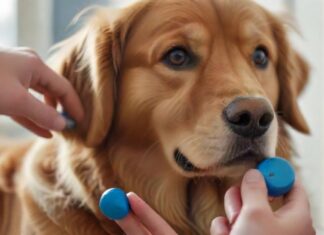 Hyperrealistic close-up photo capturing a focused Golden Retriever attentively looking at a human hand holding a blue clicker device mid-click. Tiny, high-value treat visible nearby. Soft, natural morning light illuminates detailed fur texture and the dog's intelligent eyes. Shallow depth of field blurs the calm indoor background. Flawless anatomy, no distortions. Ensure absolutely no text, letters, or writing appears anywhere in the image. Crisp, clean visuals only.