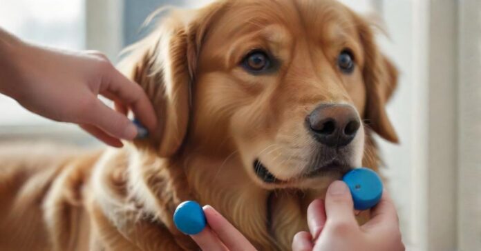 Hyperrealistic close-up photo capturing a focused Golden Retriever attentively looking at a human hand holding a blue clicker device mid-click. Tiny, high-value treat visible nearby. Soft, natural morning light illuminates detailed fur texture and the dog's intelligent eyes. Shallow depth of field blurs the calm indoor background. Flawless anatomy, no distortions. Ensure absolutely no text, letters, or writing appears anywhere in the image. Crisp, clean visuals only.