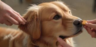 Hyperrealistic close-up: Attentive Golden Retriever looks towards a person's hands during clicker training. One hand holds a plain, unmarked clicker; the other subtly guides. Soft, warm indoor lighting, shallow depth of field. Focus on realistic fur and skin textures. Absolutely no text, no letters, no writing. Anatomically correct, artifact-free rendering.