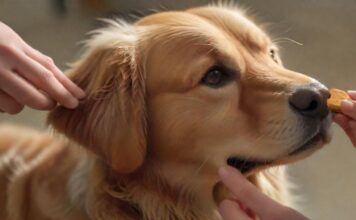 Hyperrealistic close-up: Attentive Golden Retriever looks towards a person's hands during clicker training. One hand holds a plain, unmarked clicker; the other subtly guides. Soft, warm indoor lighting, shallow depth of field. Focus on realistic fur and skin textures. Absolutely no text, no letters, no writing. Anatomically correct, artifact-free rendering.
