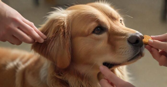 Hyperrealistic close-up: Attentive Golden Retriever looks towards a person's hands during clicker training. One hand holds a plain, unmarked clicker; the other subtly guides. Soft, warm indoor lighting, shallow depth of field. Focus on realistic fur and skin textures. Absolutely no text, no letters, no writing. Anatomically correct, artifact-free rendering.