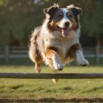 Hyperrealistic, dynamic shot: an athletic Australian Shepherd in mid-jump over a low, rustic agility hurdle in a vibrant green field. Late afternoon sun creates dramatic shadows and highlights its intricate merle coat and intense focus. Owner blurred in background, offering encouragement. Utterly artifact-free, no text or letters. Masterpiece quality.