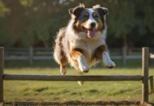 Hyperrealistic, dynamic shot: an athletic Australian Shepherd in mid-jump over a low, rustic agility hurdle in a vibrant green field. Late afternoon sun creates dramatic shadows and highlights its intricate merle coat and intense focus. Owner blurred in background, offering encouragement. Utterly artifact-free, no text or letters. Masterpiece quality.