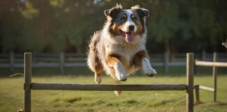 Hyperrealistic, dynamic shot: an athletic Australian Shepherd in mid-jump over a low, rustic agility hurdle in a vibrant green field. Late afternoon sun creates dramatic shadows and highlights its intricate merle coat and intense focus. Owner blurred in background, offering encouragement. Utterly artifact-free, no text or letters. Masterpiece quality.