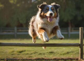 Clicker Tricks Hund: 4 Profi-Tipps (Fortgeschritten) 🚀 Hyperrealistic, dynamic shot: an athletic Australian Shepherd in mid-jump over a low, rustic agility hurdle in a vibrant green field. Late afternoon sun creates dramatic shadows and highlights its intricate merle coat and intense focus. Owner blurred in background, offering encouragement. Utterly artifact-free, no text or letters. Masterpiece quality.