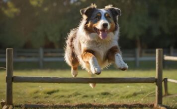 Hyperrealistic, dynamic shot: an athletic Australian Shepherd in mid-jump over a low, rustic agility hurdle in a vibrant green field. Late afternoon sun creates dramatic shadows and highlights its intricate merle coat and intense focus. Owner blurred in background, offering encouragement. Utterly artifact-free, no text or letters. Masterpiece quality.