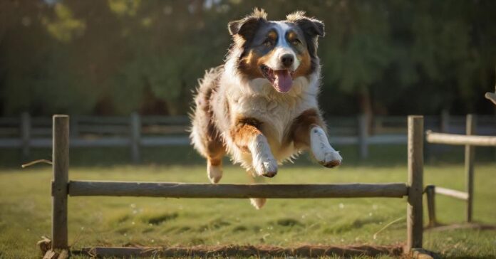 Hyperrealistic, dynamic shot: an athletic Australian Shepherd in mid-jump over a low, rustic agility hurdle in a vibrant green field. Late afternoon sun creates dramatic shadows and highlights its intricate merle coat and intense focus. Owner blurred in background, offering encouragement. Utterly artifact-free, no text or letters. Masterpiece quality.