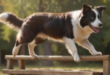 Hyperrealistic, photorealistic, dynamic eye-level action shot: an athletic Border Collie, mid-leap, precisely landing on a rustic wooden agility platform in a sun-drenched park. A human hand gently guides with a clicker. Intense focus, detailed fur, bokeh. Flawless anatomy, no artifacts, absolutely no text or letters.