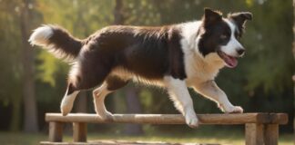 Hyperrealistic, photorealistic, dynamic eye-level action shot: an athletic Border Collie, mid-leap, precisely landing on a rustic wooden agility platform in a sun-drenched park. A human hand gently guides with a clicker. Intense focus, detailed fur, bokeh. Flawless anatomy, no artifacts, absolutely no text or letters.