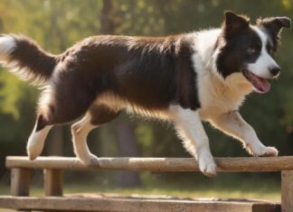 Hyperrealistic, photorealistic, dynamic eye-level action shot: an athletic Border Collie, mid-leap, precisely landing on a rustic wooden agility platform in a sun-drenched park. A human hand gently guides with a clicker. Intense focus, detailed fur, bokeh. Flawless anatomy, no artifacts, absolutely no text or letters.