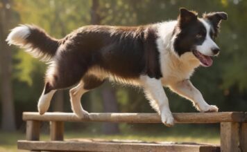 Clicker Tricks Hunde: Level Up! Schwierigkeit & Motivation ↗️ Hyperrealistic, photorealistic, dynamic eye-level action shot: an athletic Border Collie, mid-leap, precisely landing on a rustic wooden agility platform in a sun-drenched park. A human hand gently guides with a clicker. Intense focus, detailed fur, bokeh. Flawless anatomy, no artifacts, absolutely no text or letters.