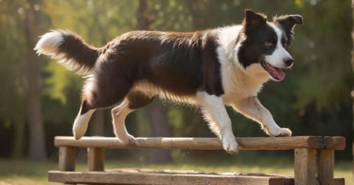 Hyperrealistic, photorealistic, dynamic eye-level action shot: an athletic Border Collie, mid-leap, precisely landing on a rustic wooden agility platform in a sun-drenched park. A human hand gently guides with a clicker. Intense focus, detailed fur, bokeh. Flawless anatomy, no artifacts, absolutely no text or letters.