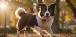Hyperrealistic photo: An intelligent Border Collie executes a perfect, elegant bow mid-trick in a sun-drenched park during golden hour. Warm cinematic lighting highlights the detailed fur texture. Shallow depth of field softly blurs background trees. Absolutely no text, letters, or unrealistic artifacts. Flawless anatomy, photorealistic detail.