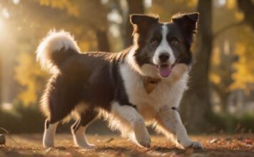 Hyperrealistic photo: An intelligent Border Collie executes a perfect, elegant bow mid-trick in a sun-drenched park during golden hour. Warm cinematic lighting highlights the detailed fur texture. Shallow depth of field softly blurs background trees. Absolutely no text, letters, or unrealistic artifacts. Flawless anatomy, photorealistic detail.