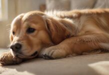 Hyperrealistic close-up photograph: An elderly Golden Retriever with a sweet, grey muzzle gently places its paw into a person's soft, open palm. Warm morning sunlight illuminates intricate fur texture and paw details. Shallow depth of field, blurred cozy living room background. Evokes patience, love, connection. Flawless anatomy, artifact-free rendering. Absolutely no text or letters. Cinematic lighting, ultra-detailed.