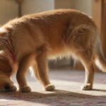 Hyperrealistic, photorealistic image: A curious, friendly Golden Retriever with a softly wagging tail inquisitively looks at a slightly wary Domestic Shorthair cat. The cat, with slightly flattened ears and a subtly twitching tail, observes the dog. Scene in a sunlit, cozy living room, intricate fur details, natural soft lighting, shallow depth of field. Absolutely no text, letters, or writing. Flawless anatomy. Cinematic quality, ultra-detailed.