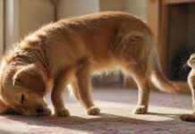 Hyperrealistic, photorealistic image: A curious, friendly Golden Retriever with a softly wagging tail inquisitively looks at a slightly wary Domestic Shorthair cat. The cat, with slightly flattened ears and a subtly twitching tail, observes the dog. Scene in a sunlit, cozy living room, intricate fur details, natural soft lighting, shallow depth of field. Absolutely no text, letters, or writing. Flawless anatomy. Cinematic quality, ultra-detailed.