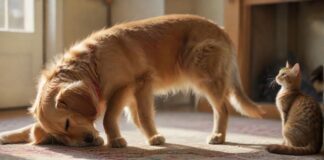 Hyperrealistic, photorealistic image: A curious, friendly Golden Retriever with a softly wagging tail inquisitively looks at a slightly wary Domestic Shorthair cat. The cat, with slightly flattened ears and a subtly twitching tail, observes the dog. Scene in a sunlit, cozy living room, intricate fur details, natural soft lighting, shallow depth of field. Absolutely no text, letters, or writing. Flawless anatomy. Cinematic quality, ultra-detailed.