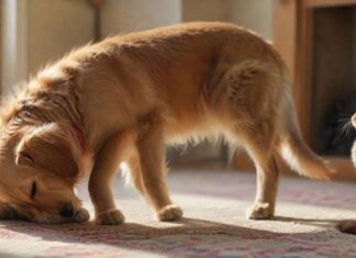 Hyperrealistic, photorealistic image: A curious, friendly Golden Retriever with a softly wagging tail inquisitively looks at a slightly wary Domestic Shorthair cat. The cat, with slightly flattened ears and a subtly twitching tail, observes the dog. Scene in a sunlit, cozy living room, intricate fur details, natural soft lighting, shallow depth of field. Absolutely no text, letters, or writing. Flawless anatomy. Cinematic quality, ultra-detailed.
