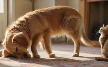 Hyperrealistic, photorealistic image: A curious, friendly Golden Retriever with a softly wagging tail inquisitively looks at a slightly wary Domestic Shorthair cat. The cat, with slightly flattened ears and a subtly twitching tail, observes the dog. Scene in a sunlit, cozy living room, intricate fur details, natural soft lighting, shallow depth of field. Absolutely no text, letters, or writing. Flawless anatomy. Cinematic quality, ultra-detailed.