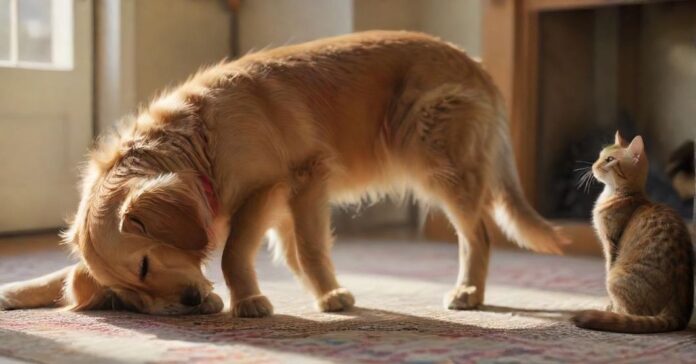 Hyperrealistic, photorealistic image: A curious, friendly Golden Retriever with a softly wagging tail inquisitively looks at a slightly wary Domestic Shorthair cat. The cat, with slightly flattened ears and a subtly twitching tail, observes the dog. Scene in a sunlit, cozy living room, intricate fur details, natural soft lighting, shallow depth of field. Absolutely no text, letters, or writing. Flawless anatomy. Cinematic quality, ultra-detailed.