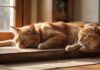 Hund & Katze: Konflikte lösen ✅ 6 Profi-Tipps für Harmonie Hyperrealistic, photorealistic shot: A ginger tabby cat rests calmly on a high, sun-drenched wooden shelf in a cozy living room, observing a golden retriever dozing peacefully on a textured rug below. Warm, natural light streams through a window, highlighting fur textures and dust motes. Shallow depth of field. Absolutely no text or letters anywhere.