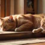 Hyperrealistic, photorealistic shot: A ginger tabby cat rests calmly on a high, sun-drenched wooden shelf in a cozy living room, observing a golden retriever dozing peacefully on a textured rug below. Warm, natural light streams through a window, highlighting fur textures and dust motes. Shallow depth of field. Absolutely no text or letters anywhere.