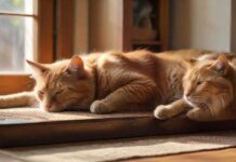 Hyperrealistic, photorealistic shot: A ginger tabby cat rests calmly on a high, sun-drenched wooden shelf in a cozy living room, observing a golden retriever dozing peacefully on a textured rug below. Warm, natural light streams through a window, highlighting fur textures and dust motes. Shallow depth of field. Absolutely no text or letters anywhere.