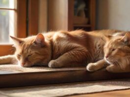 Hyperrealistic, photorealistic shot: A ginger tabby cat rests calmly on a high, sun-drenched wooden shelf in a cozy living room, observing a golden retriever dozing peacefully on a textured rug below. Warm, natural light streams through a window, highlighting fur textures and dust motes. Shallow depth of field. Absolutely no text or letters anywhere.