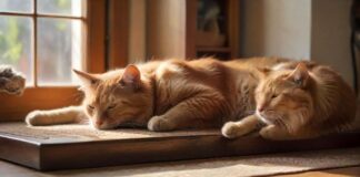 Hyperrealistic, photorealistic shot: A ginger tabby cat rests calmly on a high, sun-drenched wooden shelf in a cozy living room, observing a golden retriever dozing peacefully on a textured rug below. Warm, natural light streams through a window, highlighting fur textures and dust motes. Shallow depth of field. Absolutely no text or letters anywhere.
