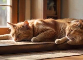 Hund & Katze: Konflikte lösen ✅ 6 Profi-Tipps für Harmonie Hyperrealistic, photorealistic shot: A ginger tabby cat rests calmly on a high, sun-drenched wooden shelf in a cozy living room, observing a golden retriever dozing peacefully on a textured rug below. Warm, natural light streams through a window, highlighting fur textures and dust motes. Shallow depth of field. Absolutely no text or letters anywhere.