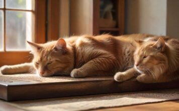 Hyperrealistic, photorealistic shot: A ginger tabby cat rests calmly on a high, sun-drenched wooden shelf in a cozy living room, observing a golden retriever dozing peacefully on a textured rug below. Warm, natural light streams through a window, highlighting fur textures and dust motes. Shallow depth of field. Absolutely no text or letters anywhere.