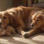 Hyperrealistic, photorealistic indoor scene: A calm Golden Retriever rests peacefully on a textured rug in a sun-drenched living room. Nearby, a curious ginger tabby cat sits attentively on a low ottoman, observing. Soft, natural light illuminates detailed fur, dust motes. Peaceful coexistence emphasized. Cinematic, sharp focus, flawless anatomy, artifact-free rendering. Critically important: absolutely no text, letters, or writing anywhere. Utterly realistic.