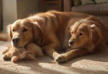 Hyperrealistic, photorealistic indoor scene: A calm Golden Retriever rests peacefully on a textured rug in a sun-drenched living room. Nearby, a curious ginger tabby cat sits attentively on a low ottoman, observing. Soft, natural light illuminates detailed fur, dust motes. Peaceful coexistence emphasized. Cinematic, sharp focus, flawless anatomy, artifact-free rendering. Critically important: absolutely no text, letters, or writing anywhere. Utterly realistic.
