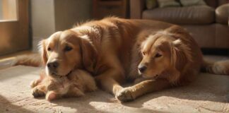 Hyperrealistic, photorealistic indoor scene: A calm Golden Retriever rests peacefully on a textured rug in a sun-drenched living room. Nearby, a curious ginger tabby cat sits attentively on a low ottoman, observing. Soft, natural light illuminates detailed fur, dust motes. Peaceful coexistence emphasized. Cinematic, sharp focus, flawless anatomy, artifact-free rendering. Critically important: absolutely no text, letters, or writing anywhere. Utterly realistic.