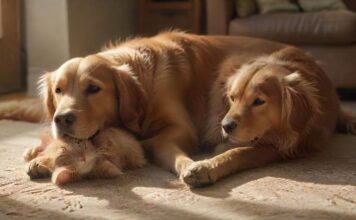 Hyperrealistic, photorealistic indoor scene: A calm Golden Retriever rests peacefully on a textured rug in a sun-drenched living room. Nearby, a curious ginger tabby cat sits attentively on a low ottoman, observing. Soft, natural light illuminates detailed fur, dust motes. Peaceful coexistence emphasized. Cinematic, sharp focus, flawless anatomy, artifact-free rendering. Critically important: absolutely no text, letters, or writing anywhere. Utterly realistic.