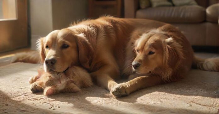 Hyperrealistic, photorealistic indoor scene: A calm Golden Retriever rests peacefully on a textured rug in a sun-drenched living room. Nearby, a curious ginger tabby cat sits attentively on a low ottoman, observing. Soft, natural light illuminates detailed fur, dust motes. Peaceful coexistence emphasized. Cinematic, sharp focus, flawless anatomy, artifact-free rendering. Critically important: absolutely no text, letters, or writing anywhere. Utterly realistic.